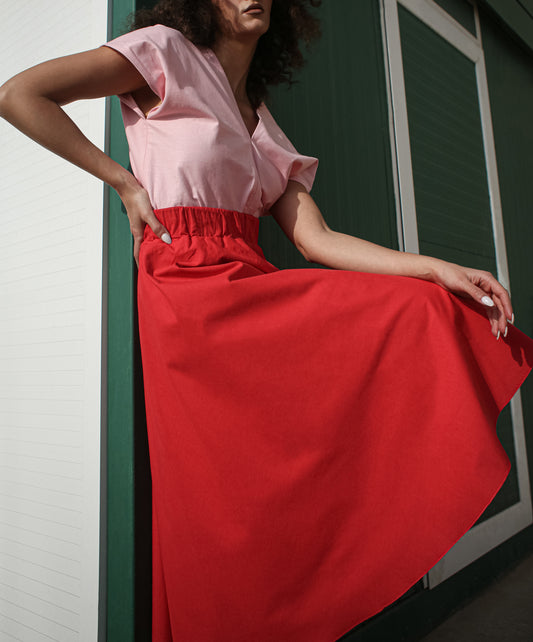 Phoebe Tee in Chalk Pink and Phoebe Skirt in Midi Poppy Red